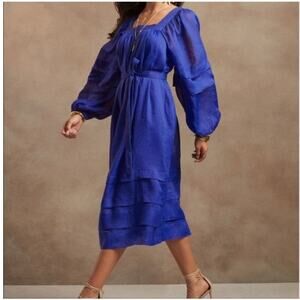 Banana Republic Large Ramie Long Sleeve Tie Waist Midi Dress in Voltage Blue